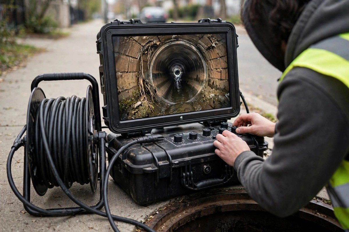 Technician viewing a sewer camera monitor during a pre-purchase inspection