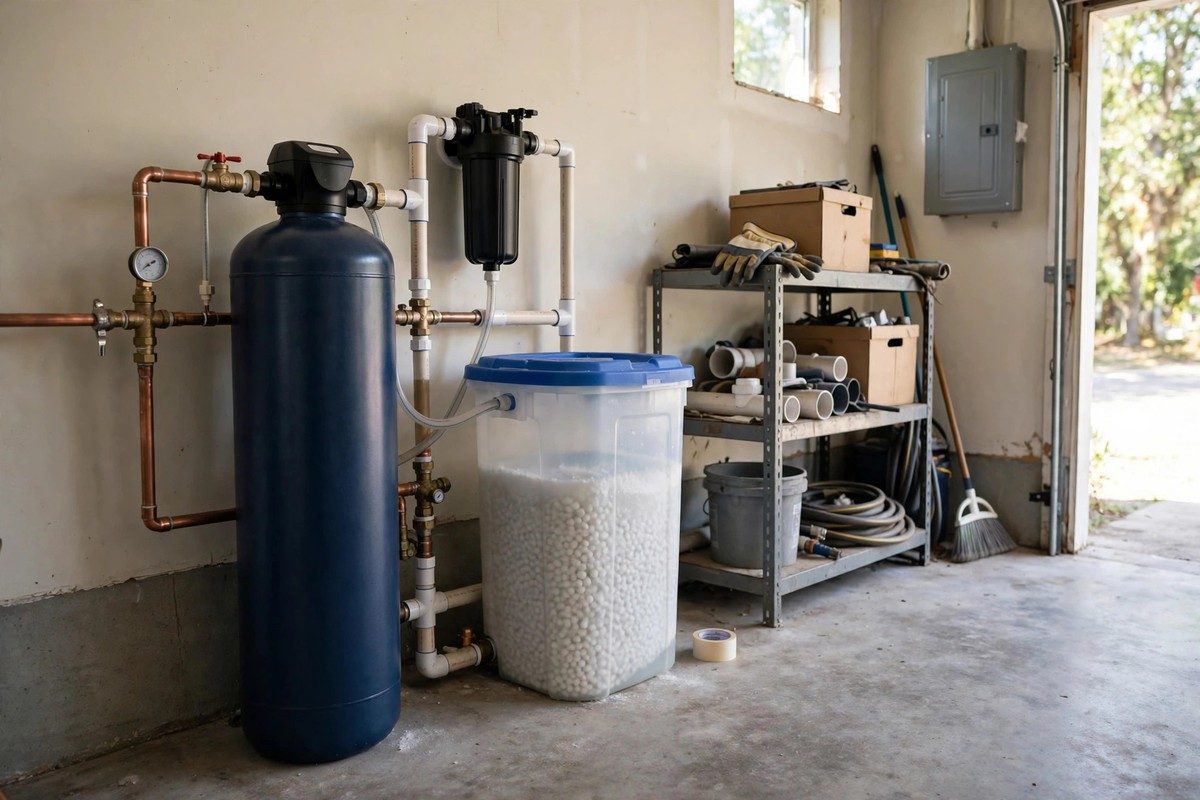 Water softener and brine tank installed in a Florida garage
